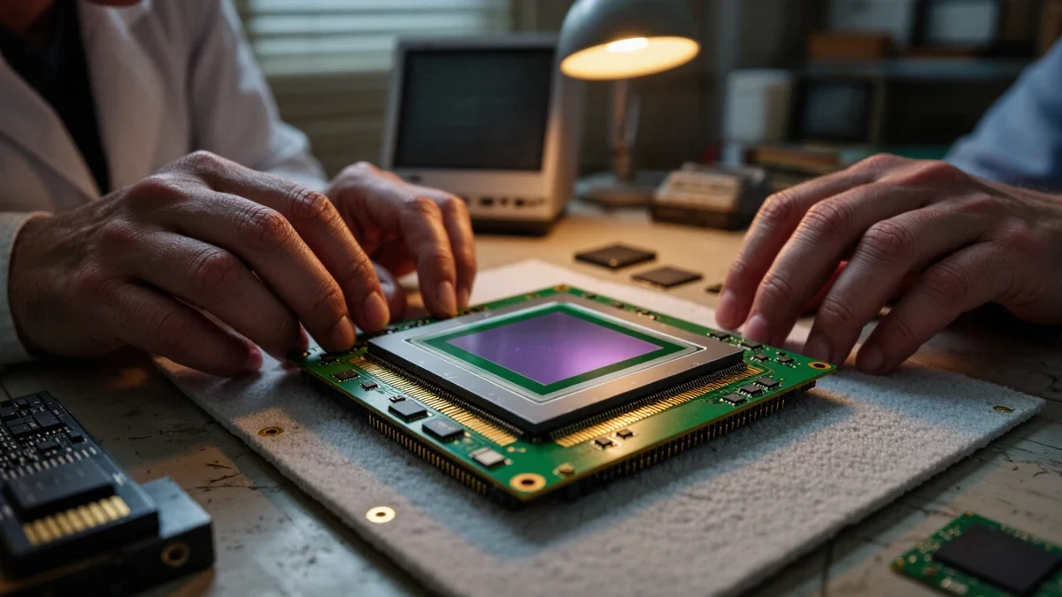 Hands holding a bare circuit board under warm task light, sensor die and lens assembly in focus on a graphite bench with one copper-toned tool as accent.