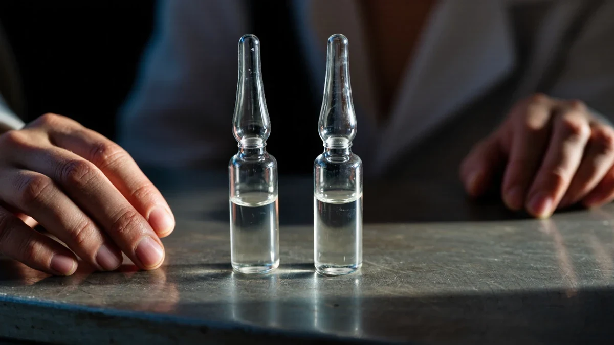 A scientist in a white coat examining labeled bioreactor sample vials in a cold, glass-lined biologics quality-control lab.