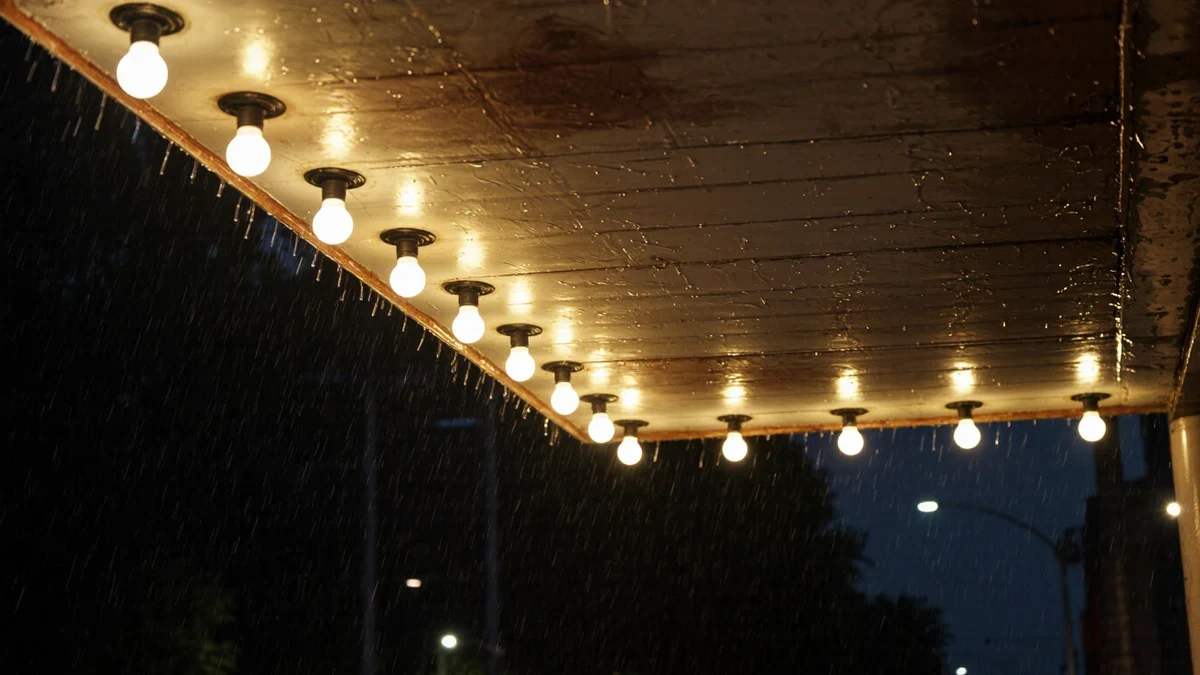 A grand movie palace marquee blazes over a night-time queue, limousine doors swinging open beneath the bulbs.
