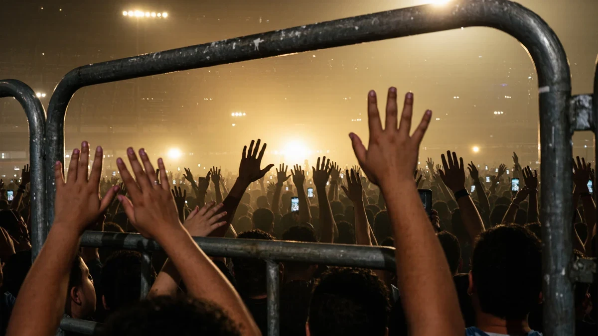 Golden stage light spills over a sea of raised silhouettes behind a velvet barrier, flashbulbs blooming across the crowd like constellations.
