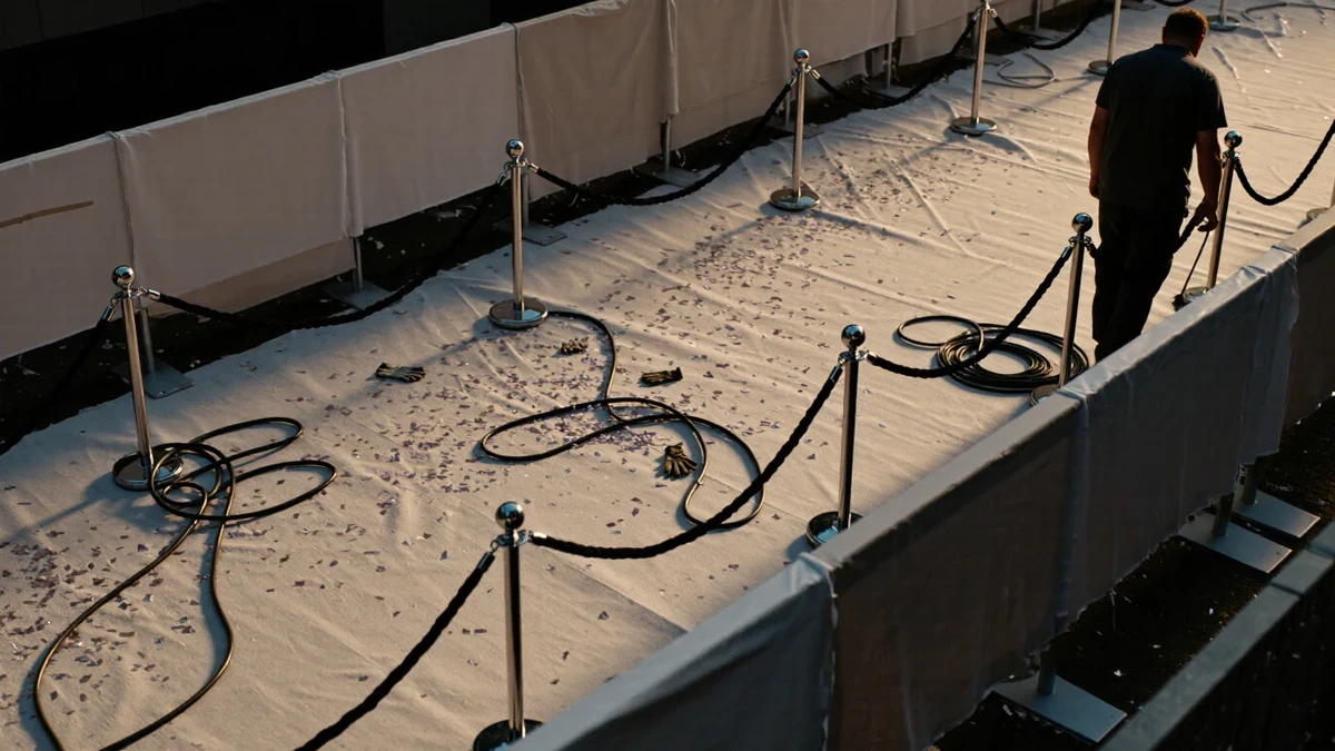 Golden marquee glow over velvet ropes while flash bulbs bloom across an empty red carpet.