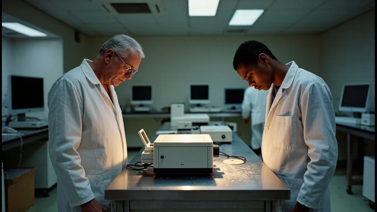 A scientist loads a sample plate onto a benchtop sequencer in a glass-and-steel laboratory, cool white light, teal accents, no visible labels.