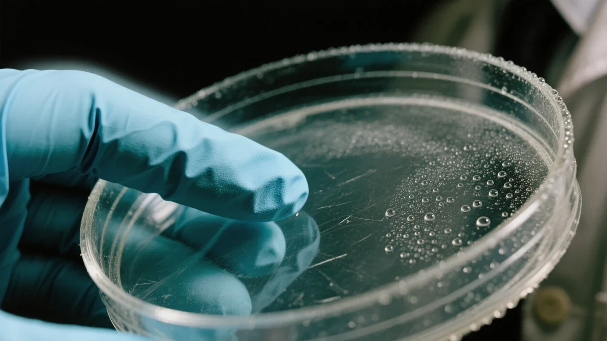 A researcher studies a sequencing flow cell under cold white light, steel instrument housings reflecting a teal laboratory palette.