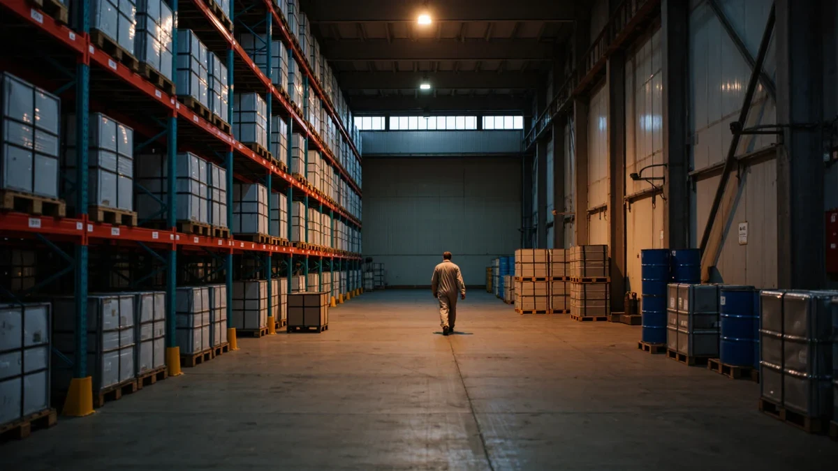 A warehouse aisle of sealed steel drums and stacked crates under fluorescent light, a worker's clipboard on the railing.