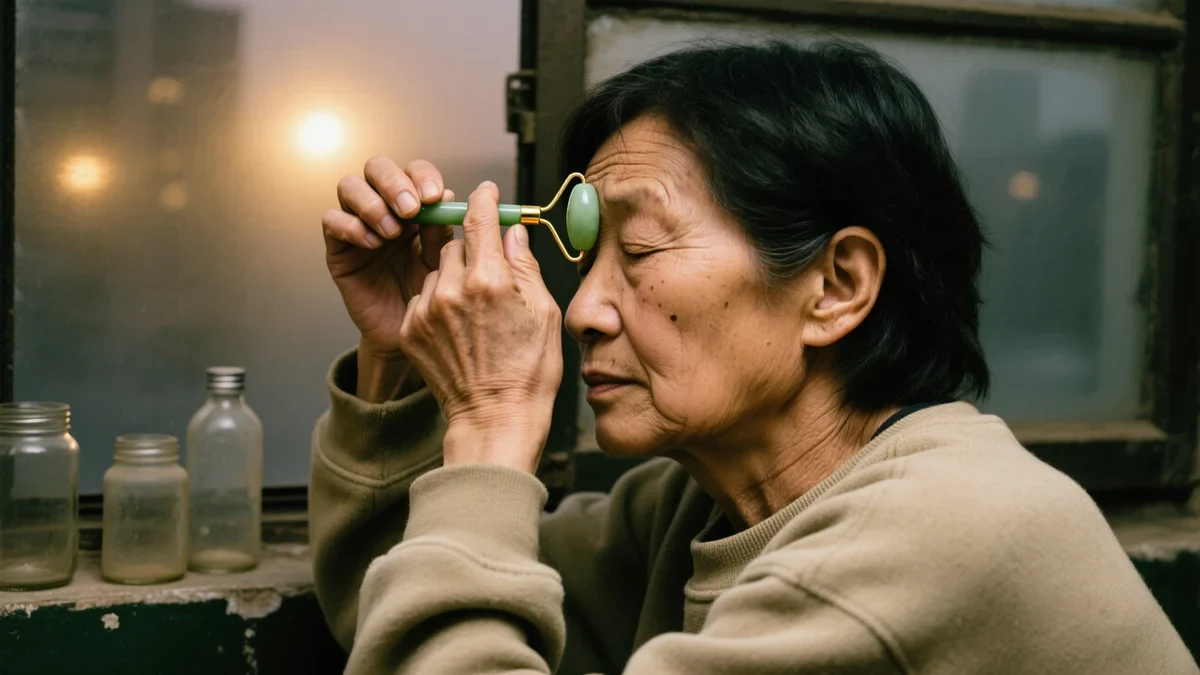 A woman presses a cool jade roller to her temple at dusk by an open window, city light warming one side of her bare face.