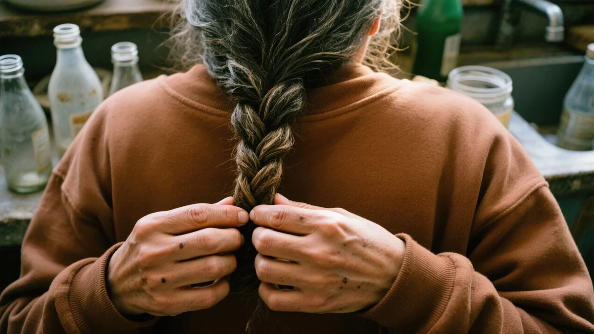 A woman sectioning freshly moisturized coils before loose braids at a sunlit vanity, her hairline relaxed, warm terracotta light across her shoulders.