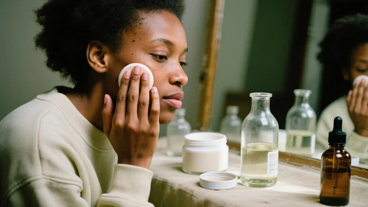 A young Black woman taps cushion foundation onto her cheek at a sunlit vanity, unbranded glass bottles and an amber dropper scattered across cream linens.