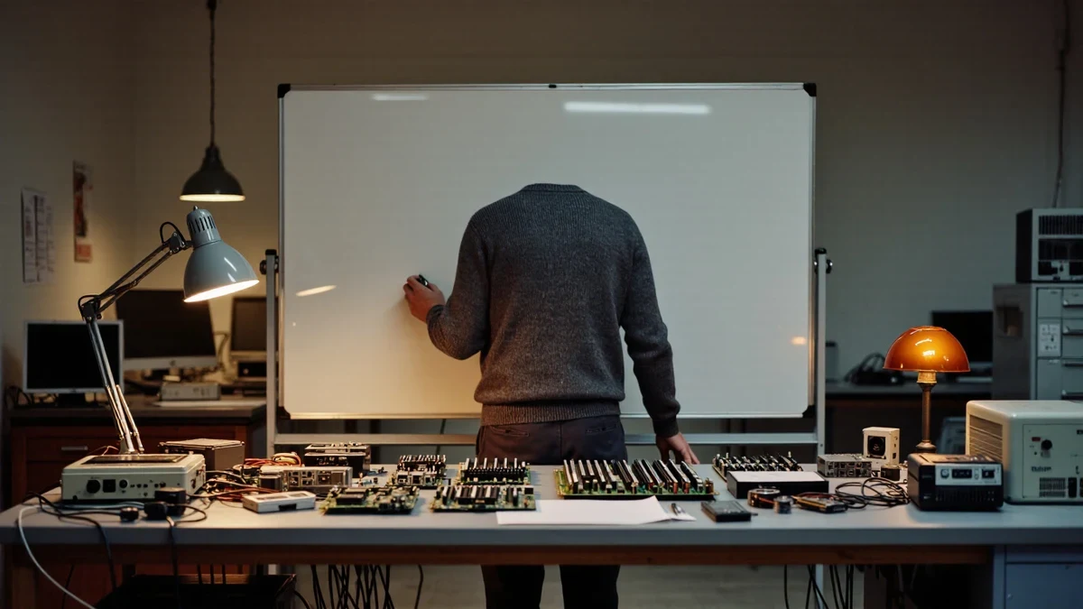 A founder's hands sketching cap-table percentages on paper beside a laptop, warm off-white desk in graphite tones, one orange pen as the accent.