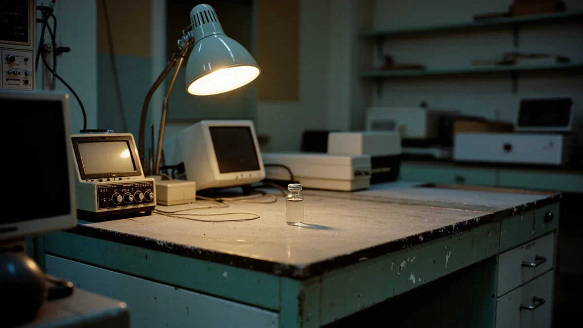 A gloved researcher loads microsample vials into a chilled rack, glass and steel surfaces catching cold teal laboratory light.