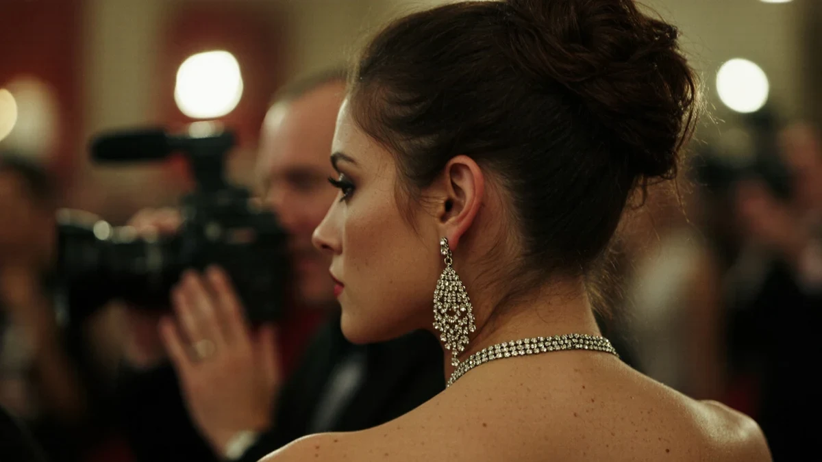A glittering arrivals line stretches past velvet ropes at night, flash bulbs bursting as an elegant figure in jewels steps toward the marquee glow.
