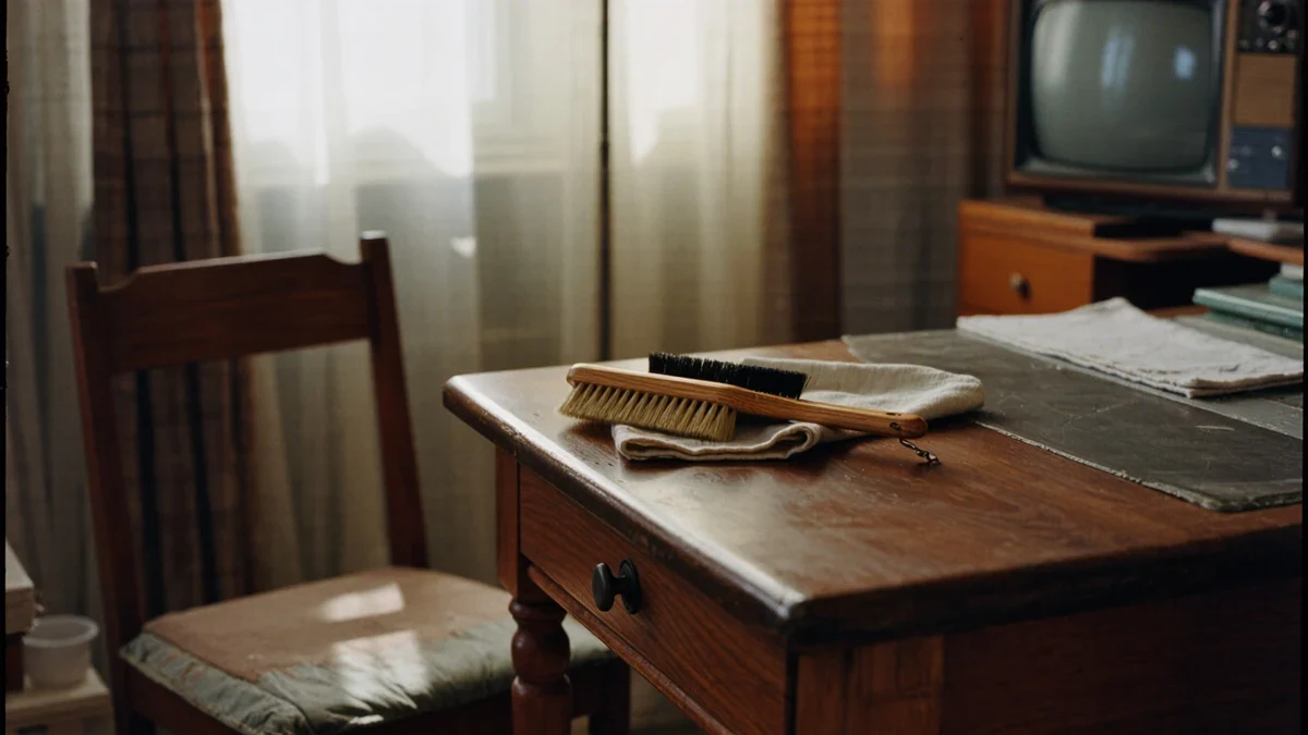 A barely damp cloth moves with the grain of an oiled walnut tabletop while low evening light shows the surface the maker left behind.