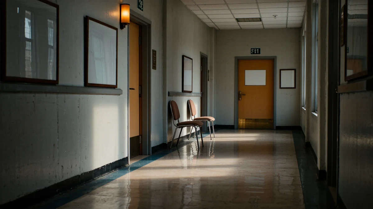 A calm VA regional office waiting area in off-white and navy, a veterans service officer's window and flags in soft daylight.