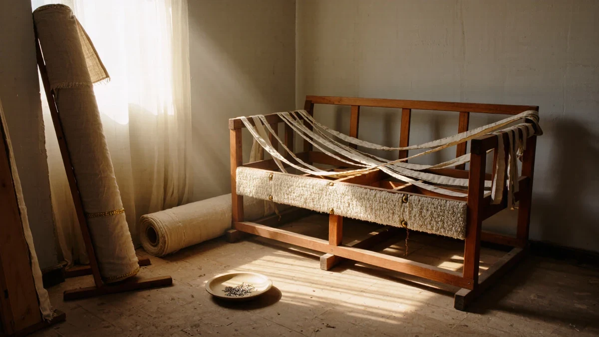 A sunlit workroom with a half-stripped sofa, rolls of bouclé and linen leaning against an oiled workbench, someone in an apron smoothing fresh fabric over a bare armrest.