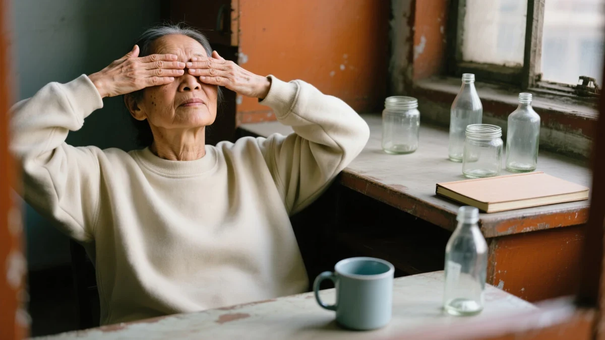 A woman pressing her palms briefly over her eyes at a quiet window desk, morning light soft on unguarded skin, cream and terracotta tones grounding the frame.