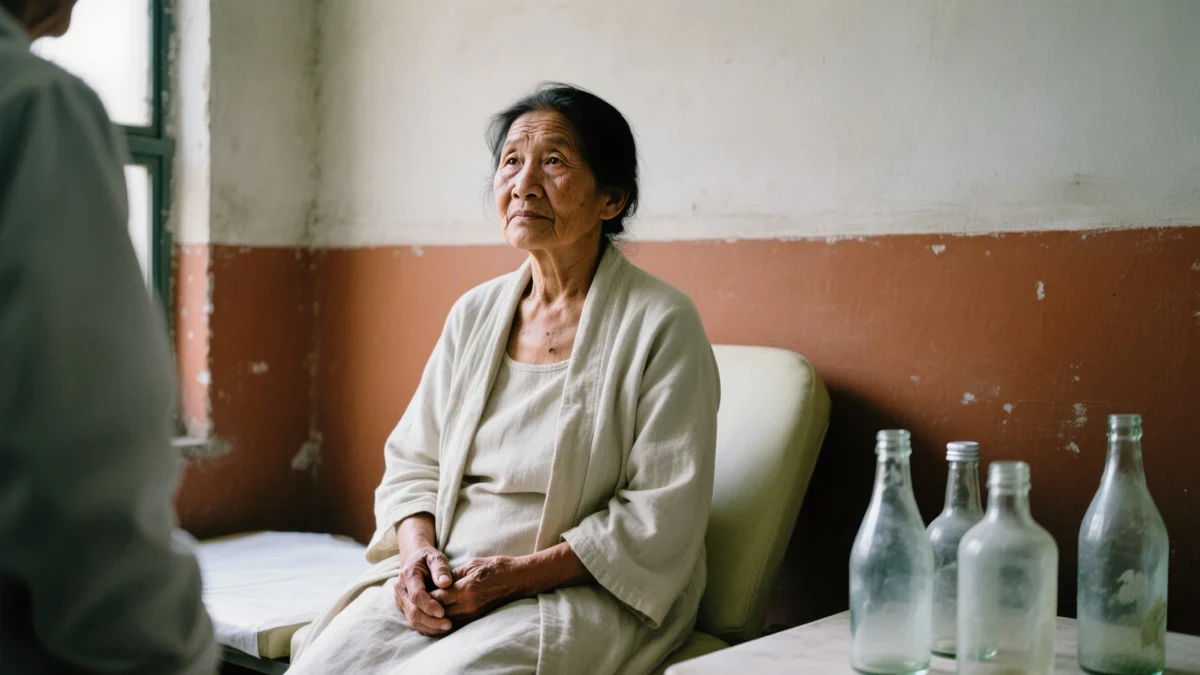 A woman in her forties sitting on an exam table in a soft robe by a window of morning light, unhurried and listening.