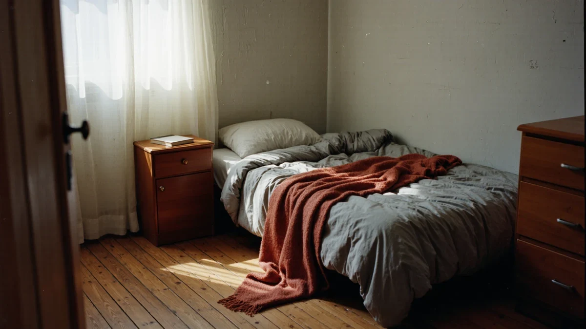 A narrow closet in morning light, a woman on a stepladder sliding a woven basket onto the top shelf, socks in hand.