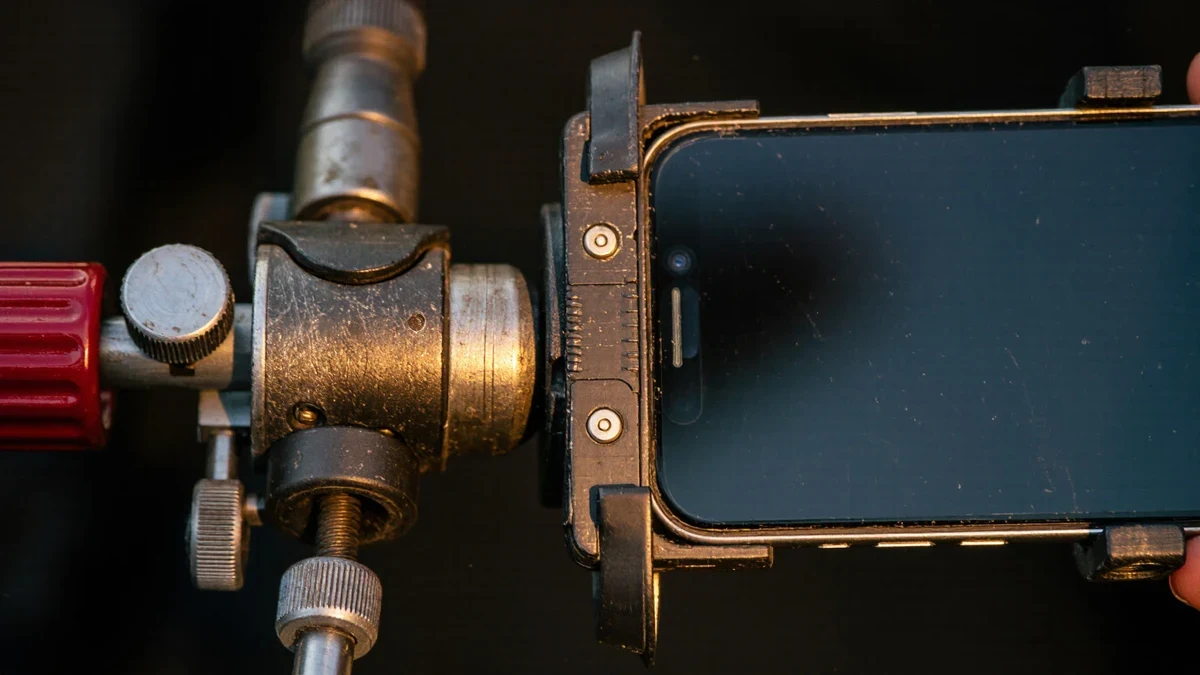 A phone on a tripod catches velvet-rope arrivals in vertical frame, marquee glow blooming across the small screen in golden grain.