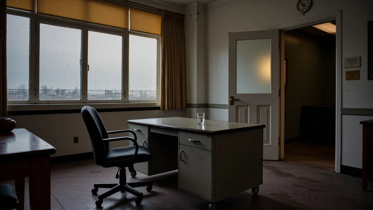 A wood-paneled hearing room in slate and navy tones, where staff arrange bound oversight reports along a witness table beneath an American flag before an afternoon session.