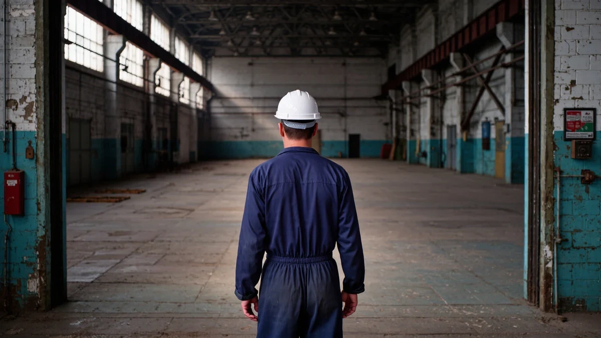 A wide industrial construction site under a gray sky, safety-vested workers small against steel framework.