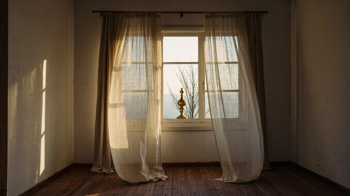 Morning light layers through sheer floor-length linen panels hung from a rod set just below the ceiling of an oiled-oak living room where someone sets a cup down on a boucle armchair.