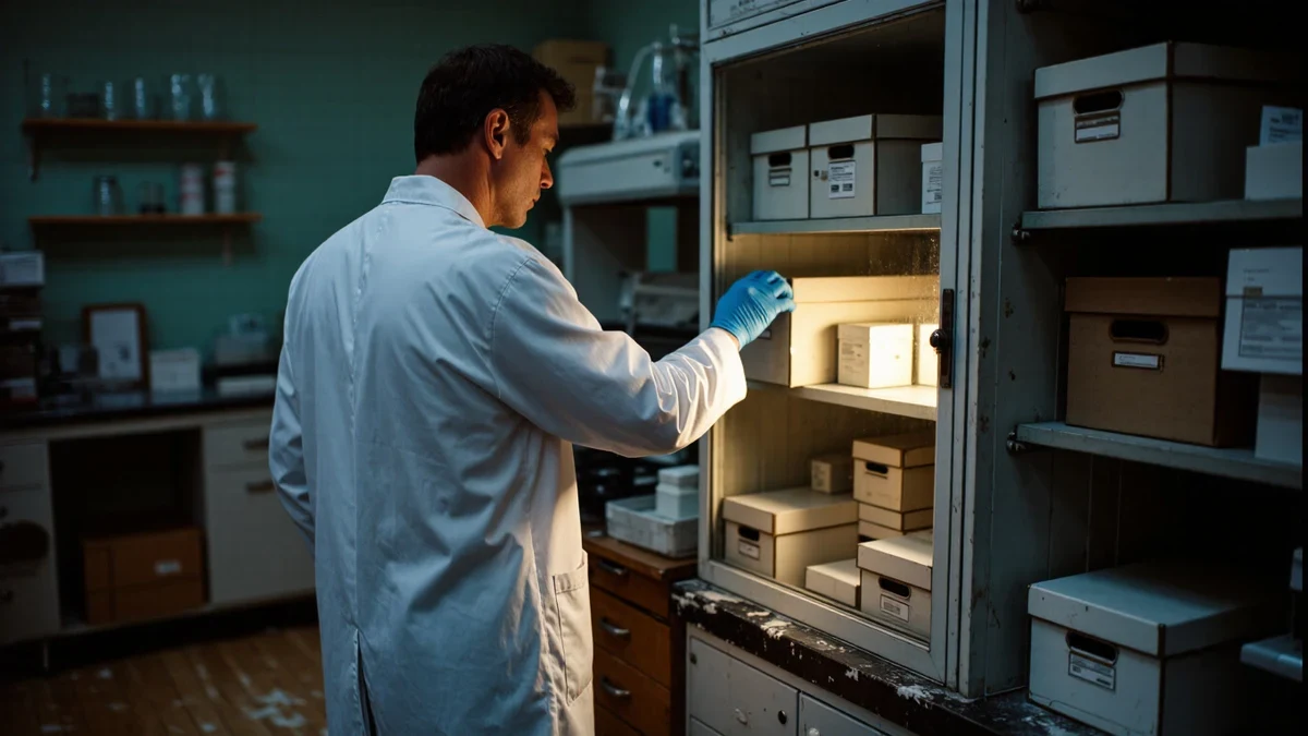 A researcher in safety glasses examines labeled culture plates at a glass-and-steel laboratory bench in cool teal light.