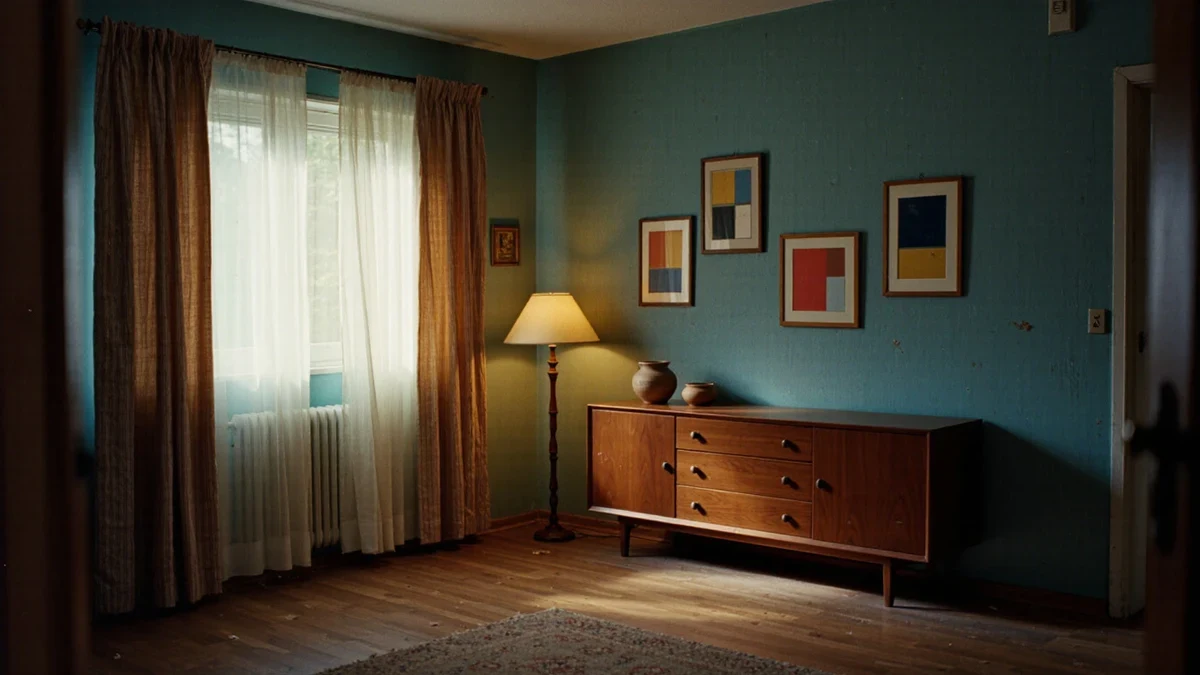 A gallery wall of vivid narrative paintings above a polished wood bench, one visitor leaning in closely under soft directional light.