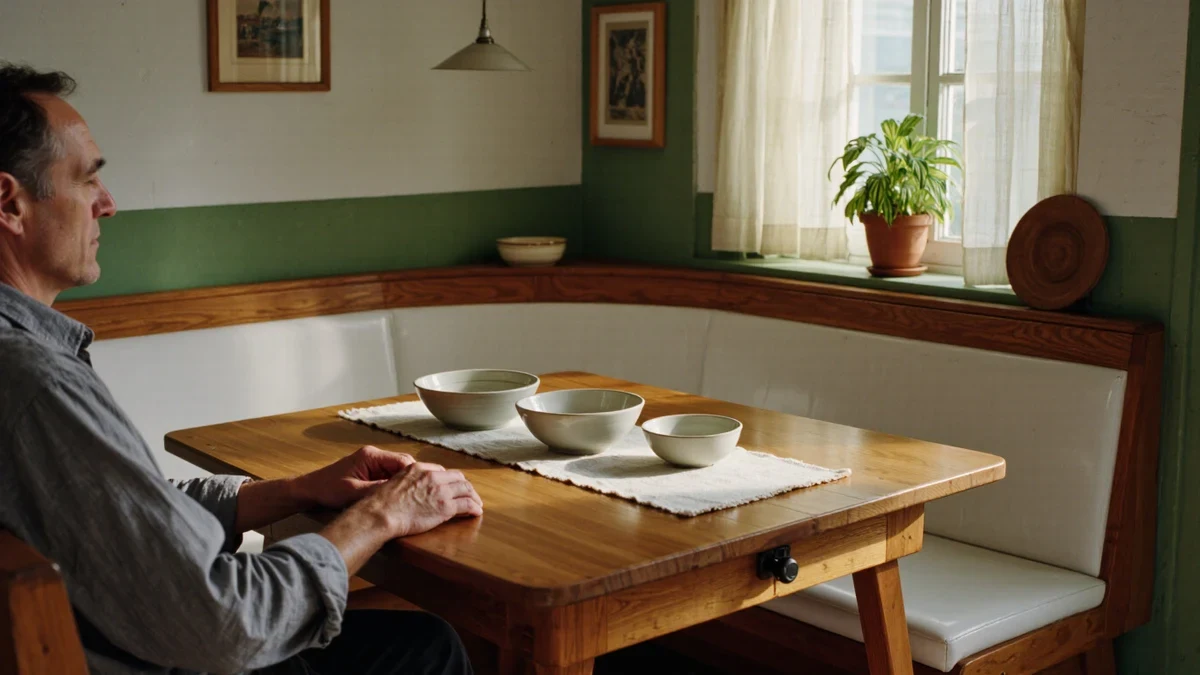A low japandi living room in pale plaster and oiled oak, light through a paper screen softening the linen sofa, a woman kneeling to place a single stem in a weathered ceramic vase.