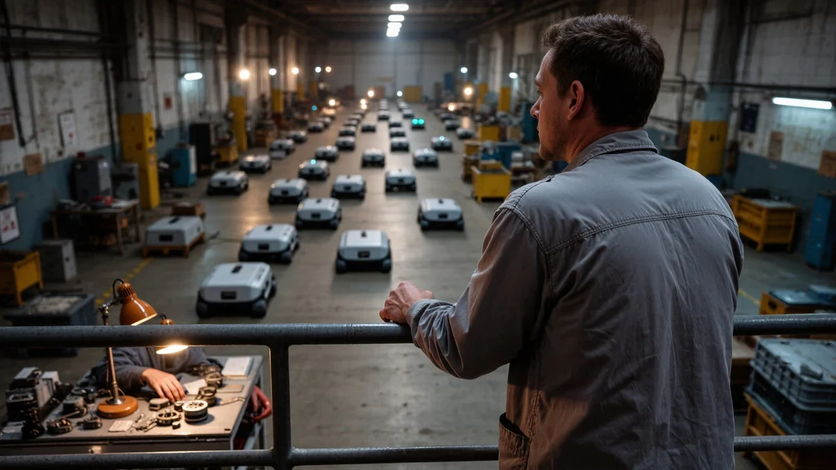 Hands on a graphite console, a wristwatch and a tablet tracking a small robot gliding across an off-white warehouse floor, one amber accent blinking on the screen.