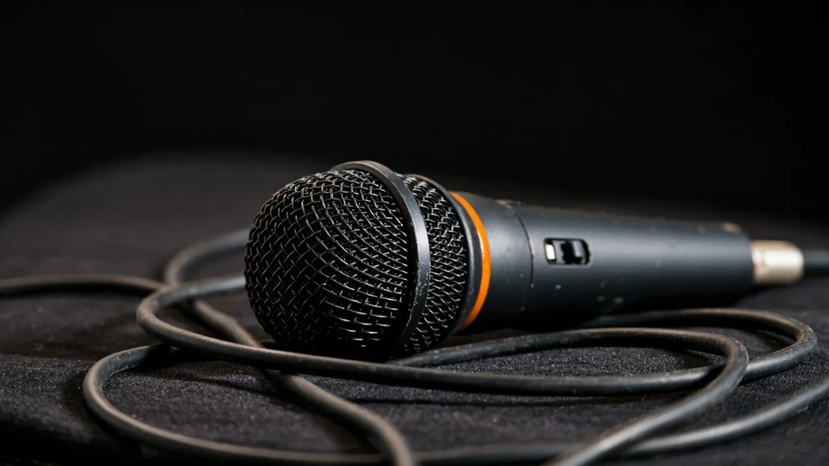 A dim dressing-room mirror glows with ring-light warmth as a headset and microphone wait on a velvet-draped desk.