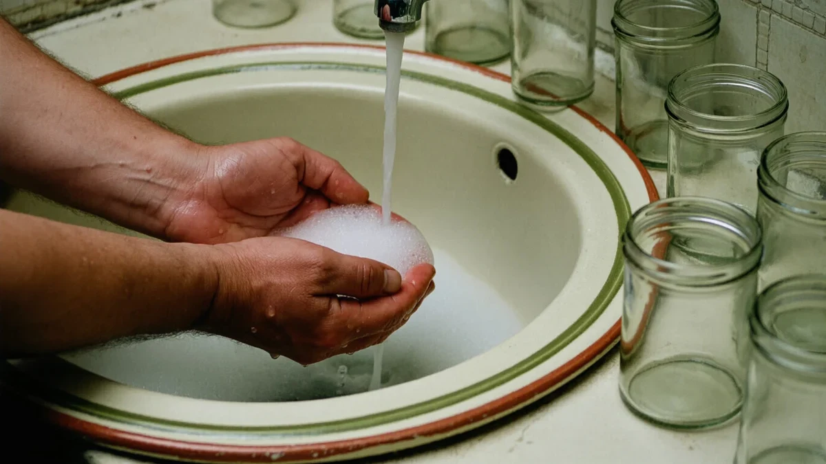 A woman in her twenties with freckled, texture-rich skin works a gentle foam over her cheeks at a steam-warmed bathroom sink.