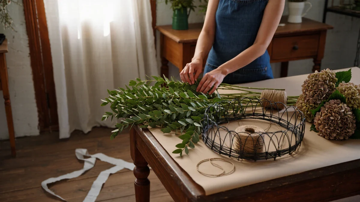 A worktable strewn with moss and cut greenery in soft window light as hands wire a spring bundle onto a straw frame, twine and secateurs within reach.