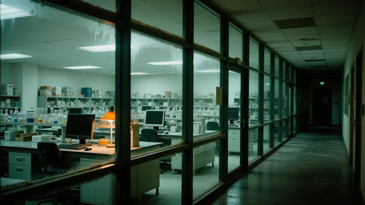 A scientist studies a molecular visualization on a monitor beside steel lab shelving, cool white-teal light across the bench.