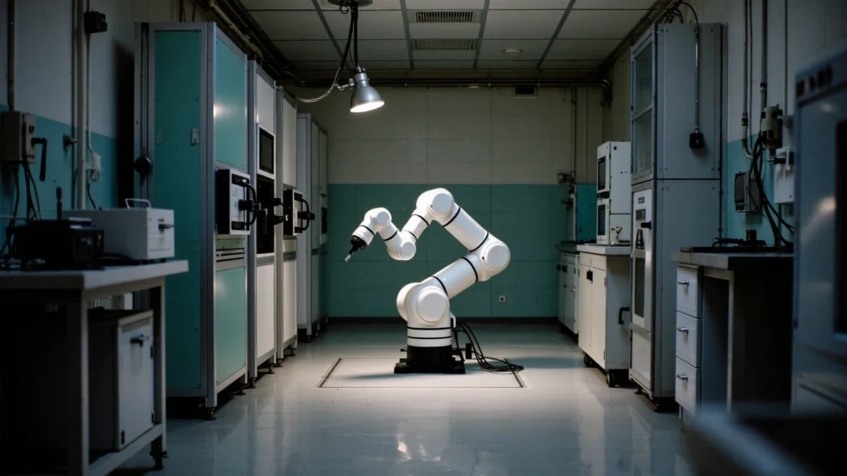 A surgical team observes a robotic manipulator arm over an instrument tray in a steel-and-glass operating suite, cool white and teal light, no logos.