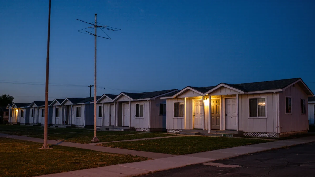 A service member in civilian clothes unlocks the door of a duplex near base at dusk, moving boxes stacked on the porch behind a small American flag.