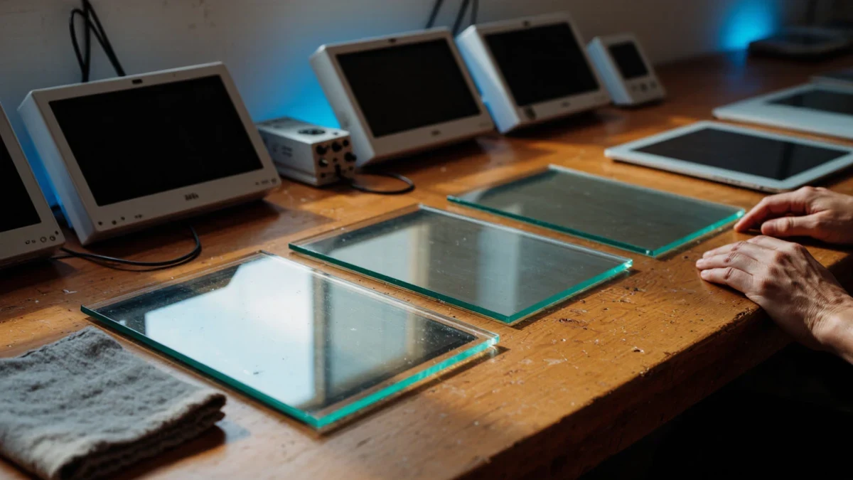 Three phones fanned out on a warm off-white desk with a hand rotating the largest toward the camera, graphite accessories and one violet wallpaper accent on screen.