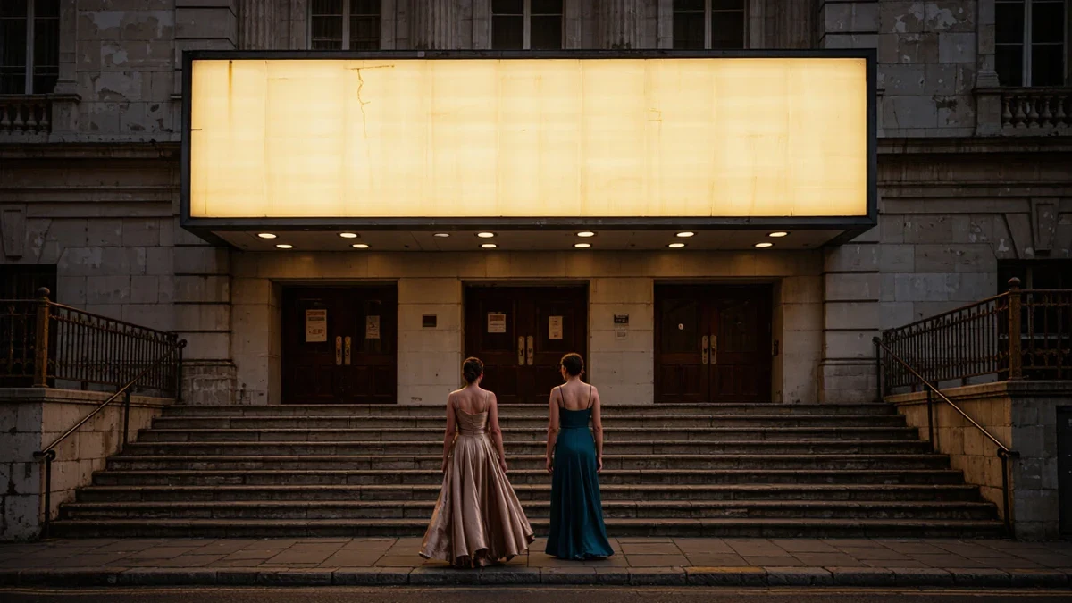 A grand marquee glows over a velvet-roped entrance as two distant figures in gowns pause beneath the flash bulbs before the doors.