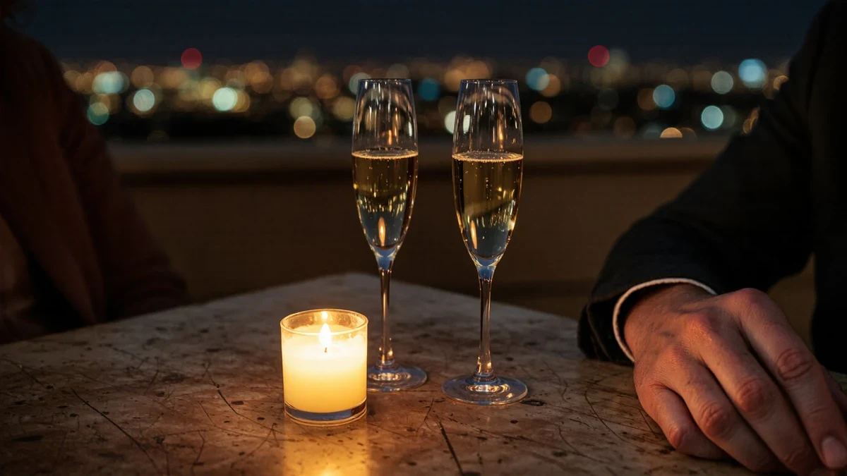 Two champagne flutes catch candlelight on a rooftop as a city glitters below.