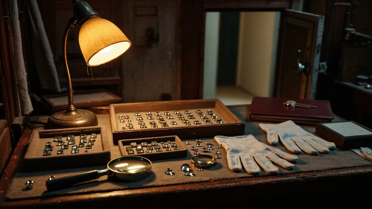 A jewelers' atelier after hours, velvet trays of unset diamonds catching a single desk lamp, white gloves and loupes resting beside a ledger, the vault door ajar in the background.