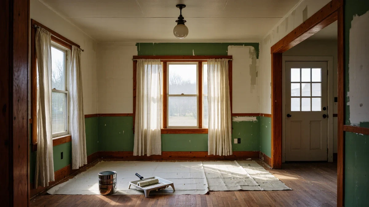 A half-painted room in warm afternoon light, a linen-curtained window, a roller tray on drop cloth, a man on a step ladder pausing to look at the fresh wall.
