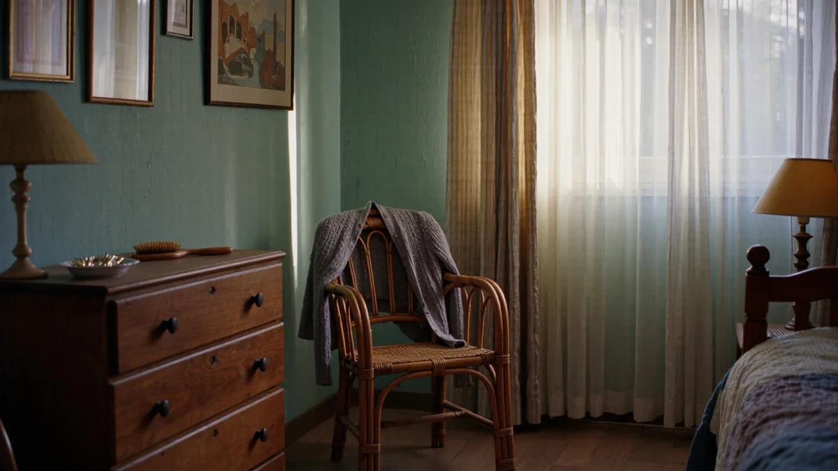 Warm lamplight pools through a natural linen drum shade onto a walnut side table where someone in a linen sleeve wipes the shade's ribbing with a soft brush.