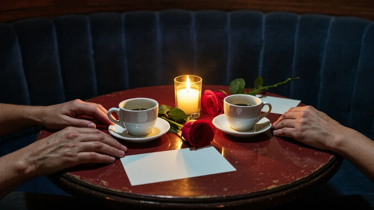 A candlelit old-Hollywood supper club, two place cards and a single rose on a corner table, velvet banquettes catching the glow as friends linger late over coffee, faces unseen.
