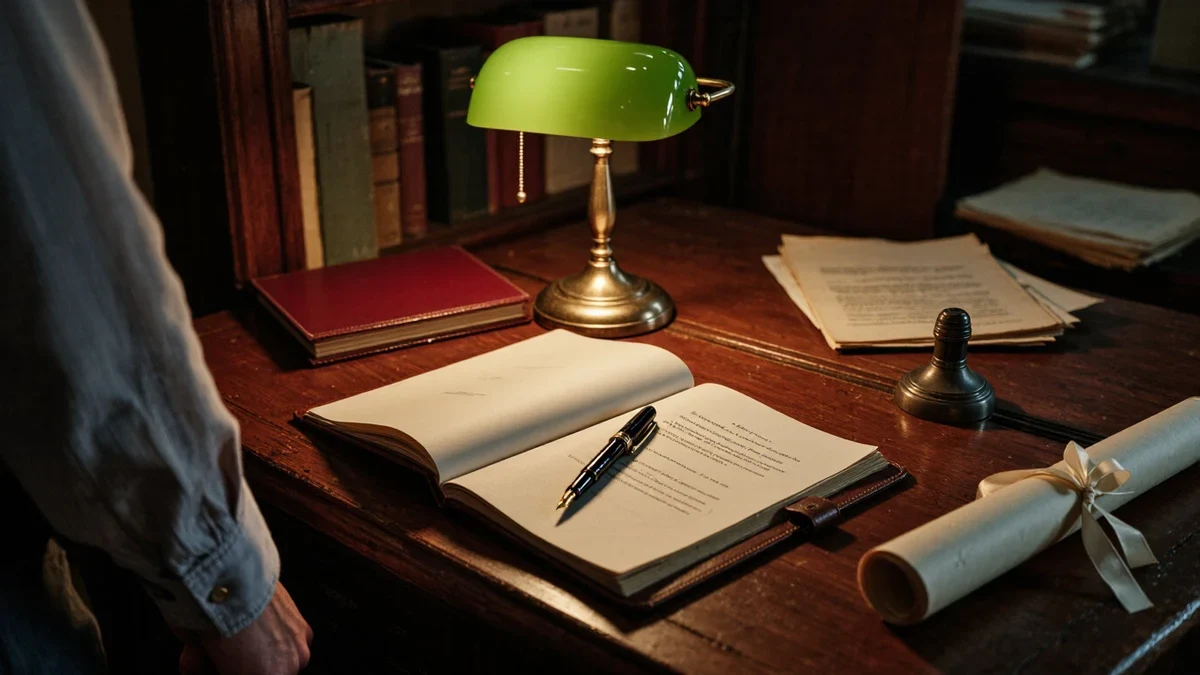 A private study at midnight: ledger books, a fountain pen, and contract ribbon under a banker's lamp.