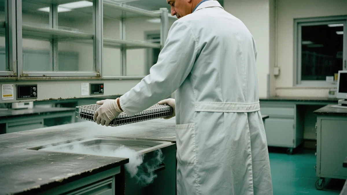 An oncology researcher logs infusion supplies at a clinical trial prep bench in a cool white treatment lab.