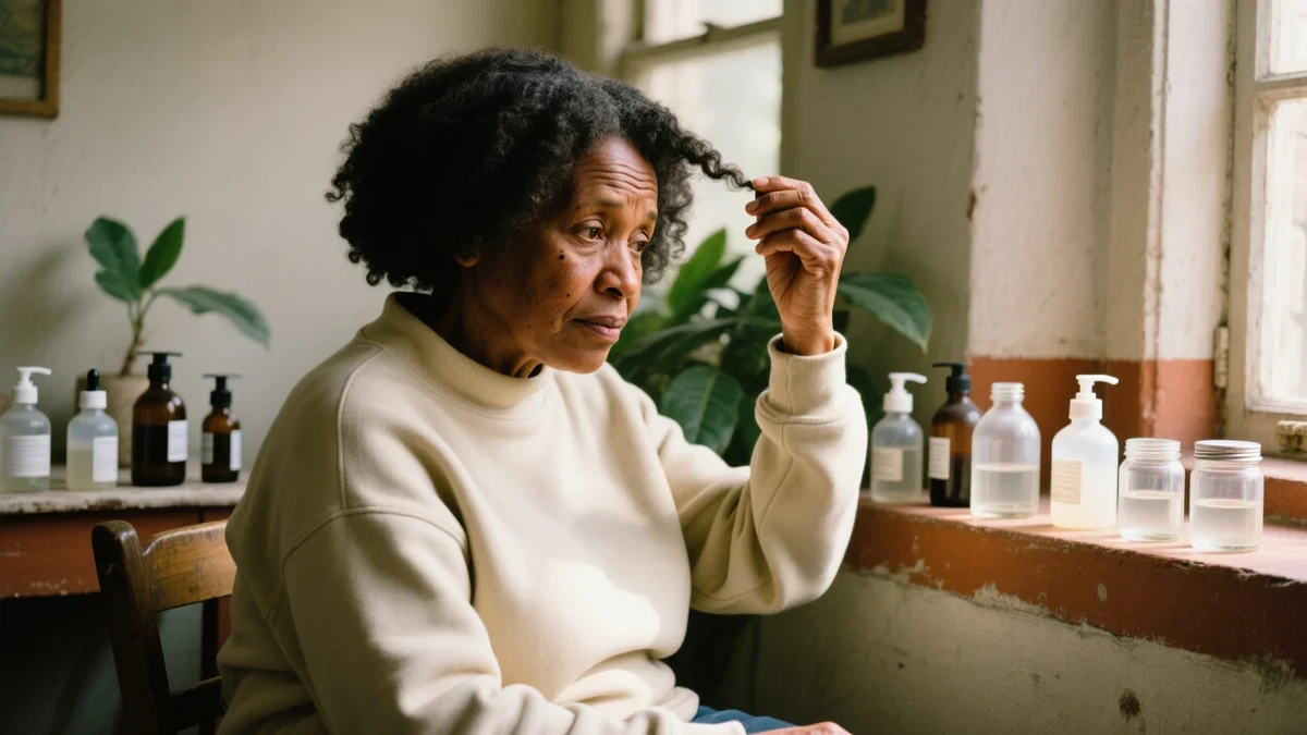 A dermatologist examines a Black woman's textured hair at a window-side clinic chair, warm daylight on both faces.