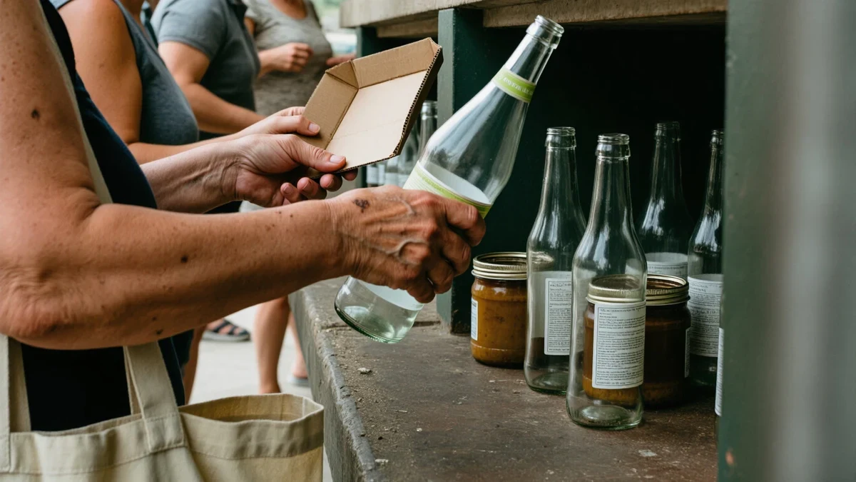 A woman in her forties at a recycling station by a sunlit doorway, sorting an empty glass bottle and a paper carton from a cream-toned bag.