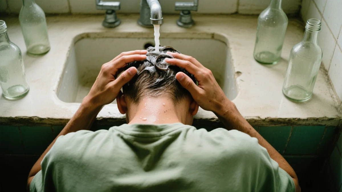 A woman works a low-foam shampoo into her scalp under warm running water, curls piled loosely and catching the steam.