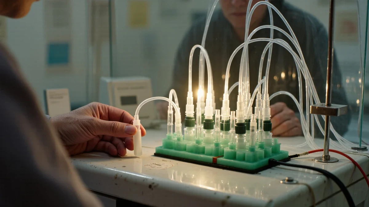 A researcher loads a flow cell into a benchtop sequencer at a steel lab bench, cool white light with teal accents, no logos.