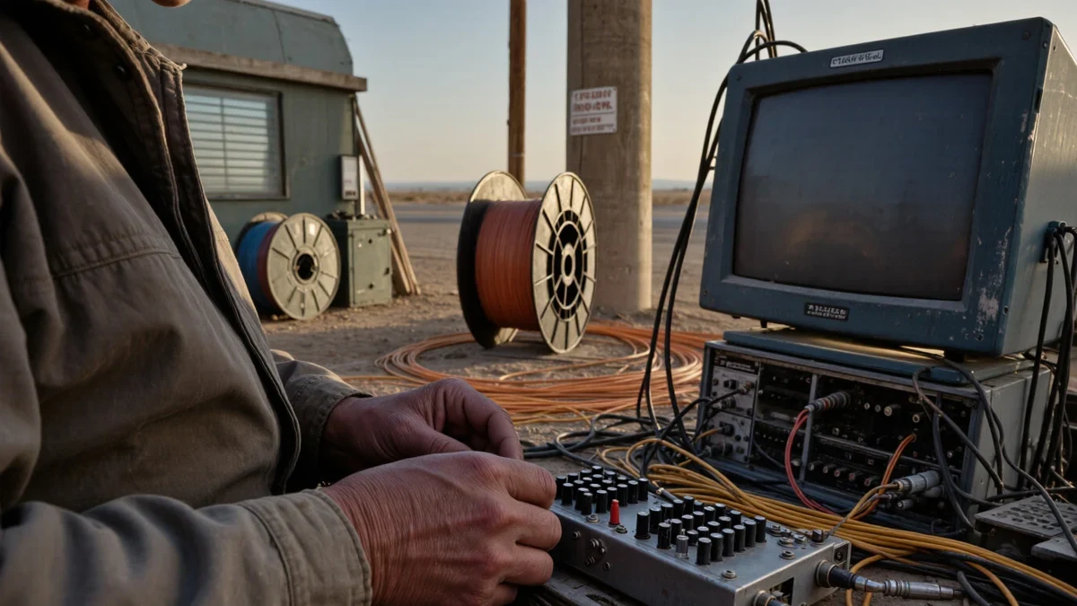A field technician's hands splice fiber into a junction box at dusk, warm graphite gear and one copper indicator glow in close focus.