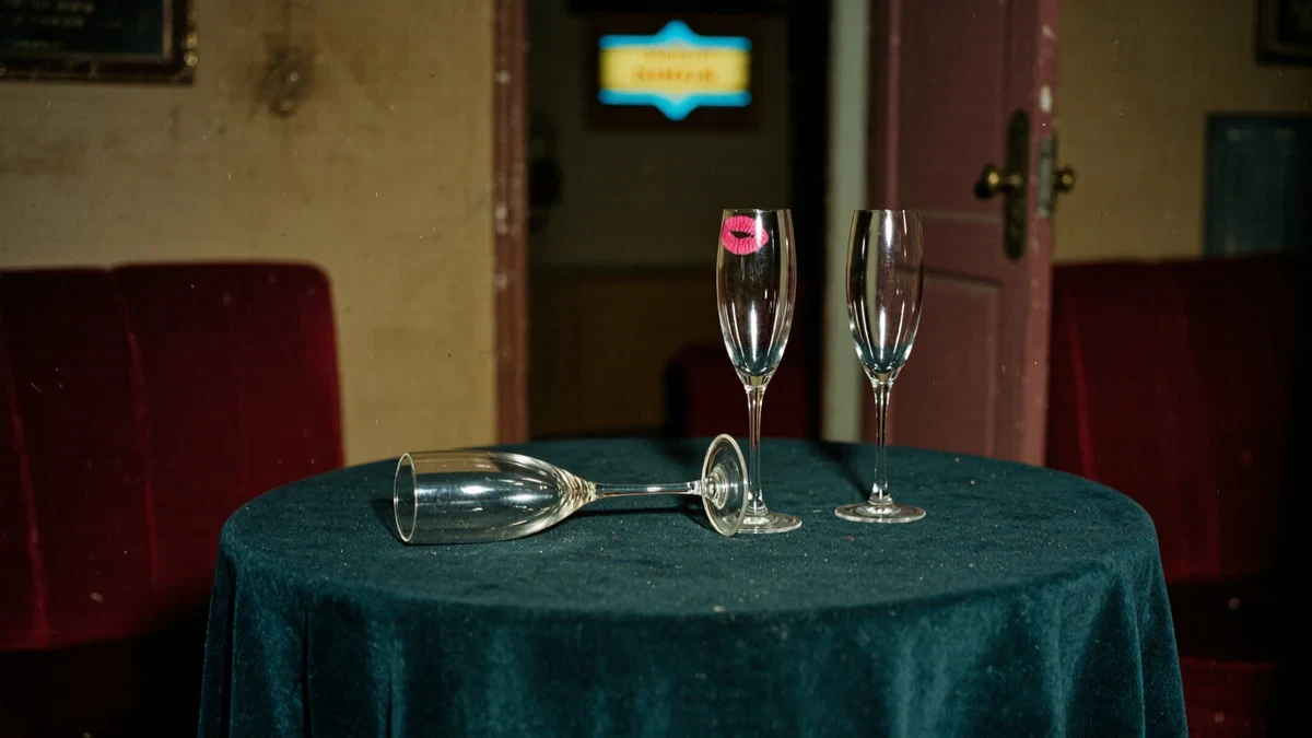 Two champagne flutes stand abandoned on a velvet-draped table as marquee light flickers beyond an empty doorway.