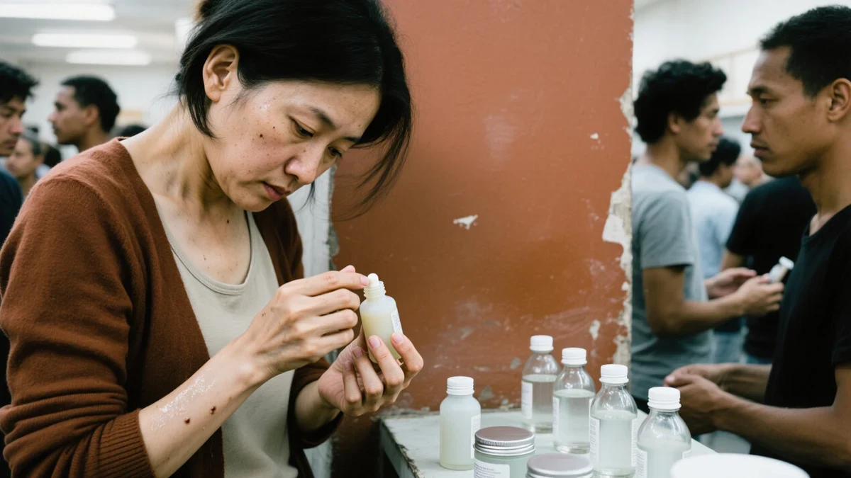 A shopper in her late twenties swatches a serum at a bright beauty counter, unbranded glass bottles lined against terracotta tones.